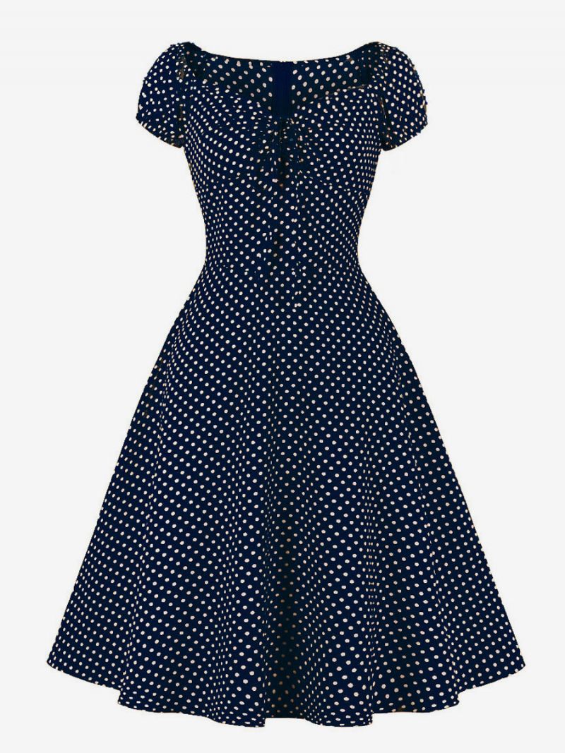 Robe Rétro Style Audrey Hepburn Des Années 1950 Pour Femme Col V Nouée Manches Courtes Pois Trapèze Midi - Bleu Profond