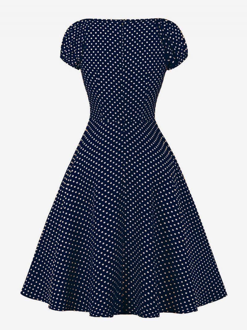 Robe Rétro Style Audrey Hepburn Des Années 1950 Pour Femme Col V Nouée Manches Courtes Pois Trapèze Midi - Bleu Profond