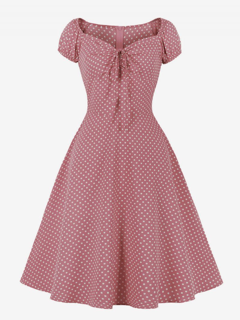 Robe Rétro Style Audrey Hepburn Des Années 1950 Pour Femme Col V Nouée Manches Courtes Pois Trapèze Midi - Rose