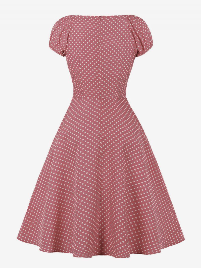 Robe Rétro Style Audrey Hepburn Des Années 1950 Pour Femme Col V Nouée Manches Courtes Pois Trapèze Midi - Rose