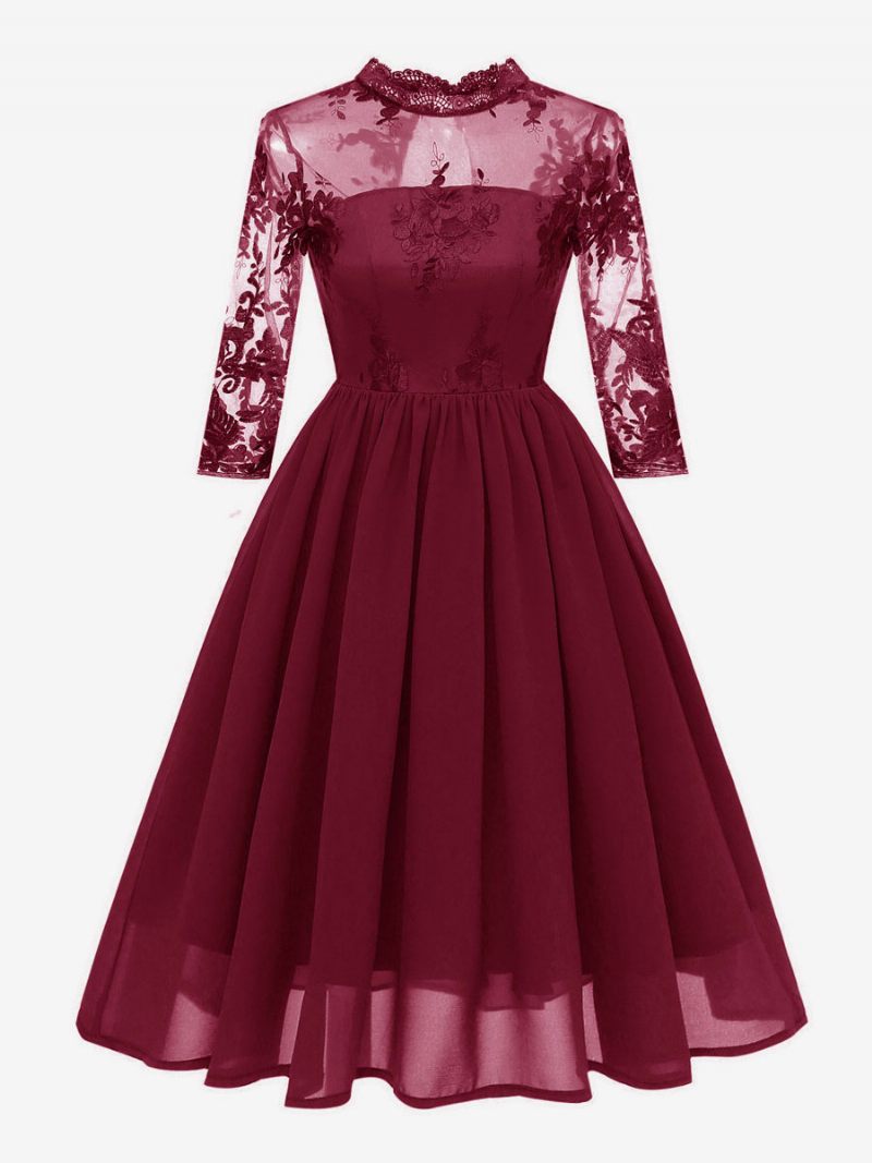 Robe Rétro Style Audrey Hepburn Des Années 1950 Pour Femmes Bordeaux Manches 3/4. Mousseline Soie Et Dentelle Rockabilly