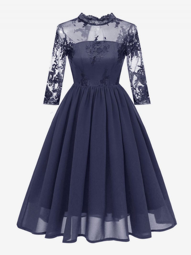 Robe Rétro Style Audrey Hepburn Des Années 1950 Pour Femmes Bordeaux Manches 3/4. Mousseline Soie Et Dentelle Rockabilly - Marine Foncé