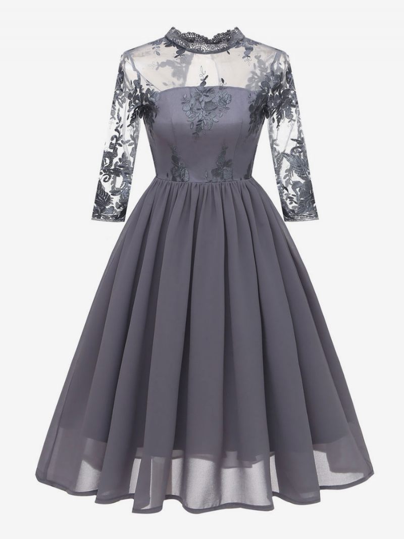 Robe Rétro Style Audrey Hepburn Des Années 1950 Pour Femmes Bordeaux Manches 3/4. Mousseline Soie Et Dentelle Rockabilly - Gris