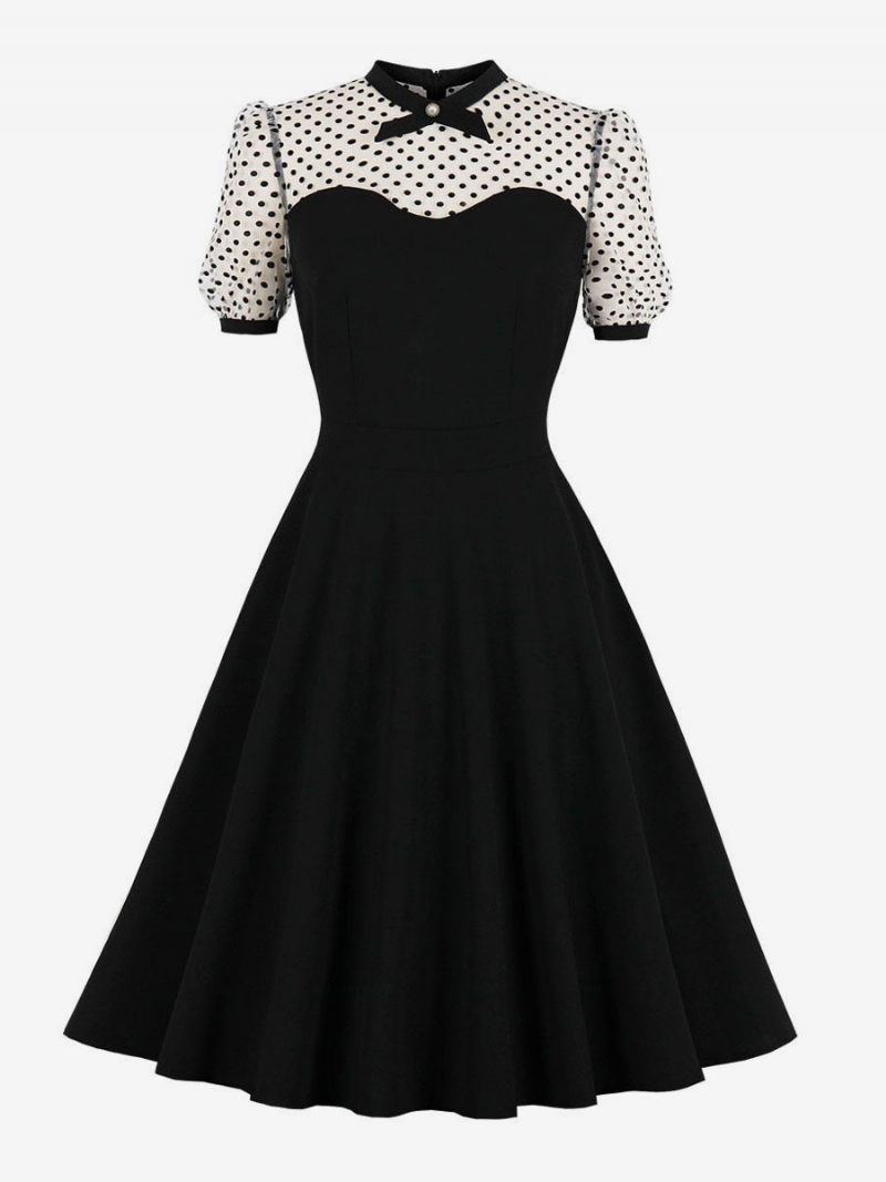 Robe Rétro Style Audrey Hepburn Des Années 1950 Pour Femmes Col Bijou Manches Courtes Trapèze Noire Bicolore Moyenne