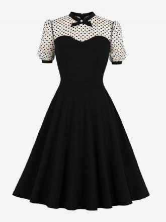 Robe Rétro Style Audrey Hepburn Des Années 1950 Pour Femmes Col Bijou Manches Courtes Trapèze Noire Bicolore Moyenne