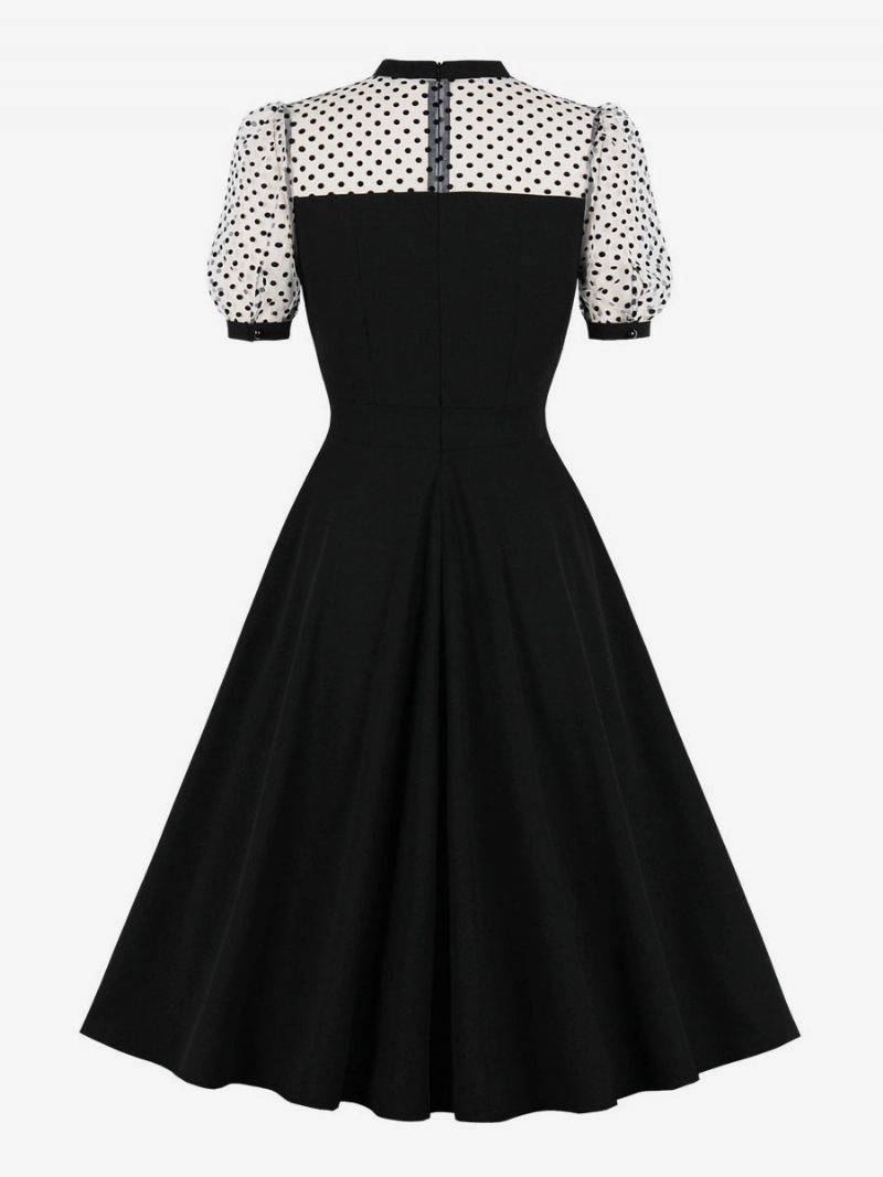 Robe Rétro Style Audrey Hepburn Des Années 1950 Pour Femmes Col Bijou Manches Courtes Trapèze Noire Bicolore Moyenne - Noir