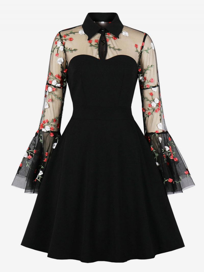 Robe Rétro Style Audrey Hepburn Des Années 1950 Pour Femmes Col Rabattu Manches Longues Découpées Longueur Aux Genoux Rockabilly Imprimée