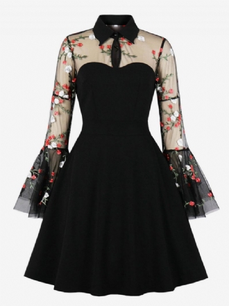 Robe Rétro Style Audrey Hepburn Des Années 1950 Pour Femmes Col Rabattu Manches Longues Découpées Longueur Aux Genoux Rockabilly Imprimée