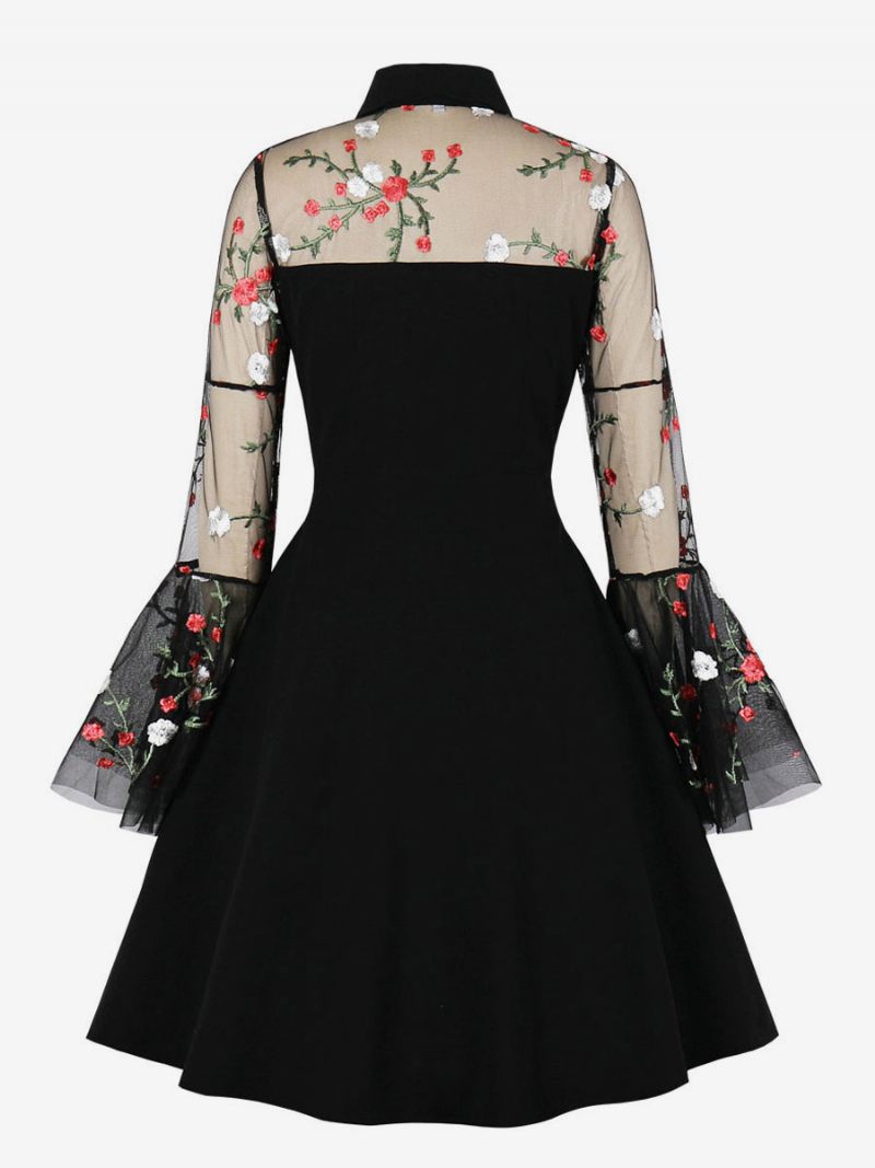 Robe Rétro Style Audrey Hepburn Des Années 1950 Pour Femmes Col Rabattu Manches Longues Découpées Longueur Aux Genoux Rockabilly Imprimée - Noir