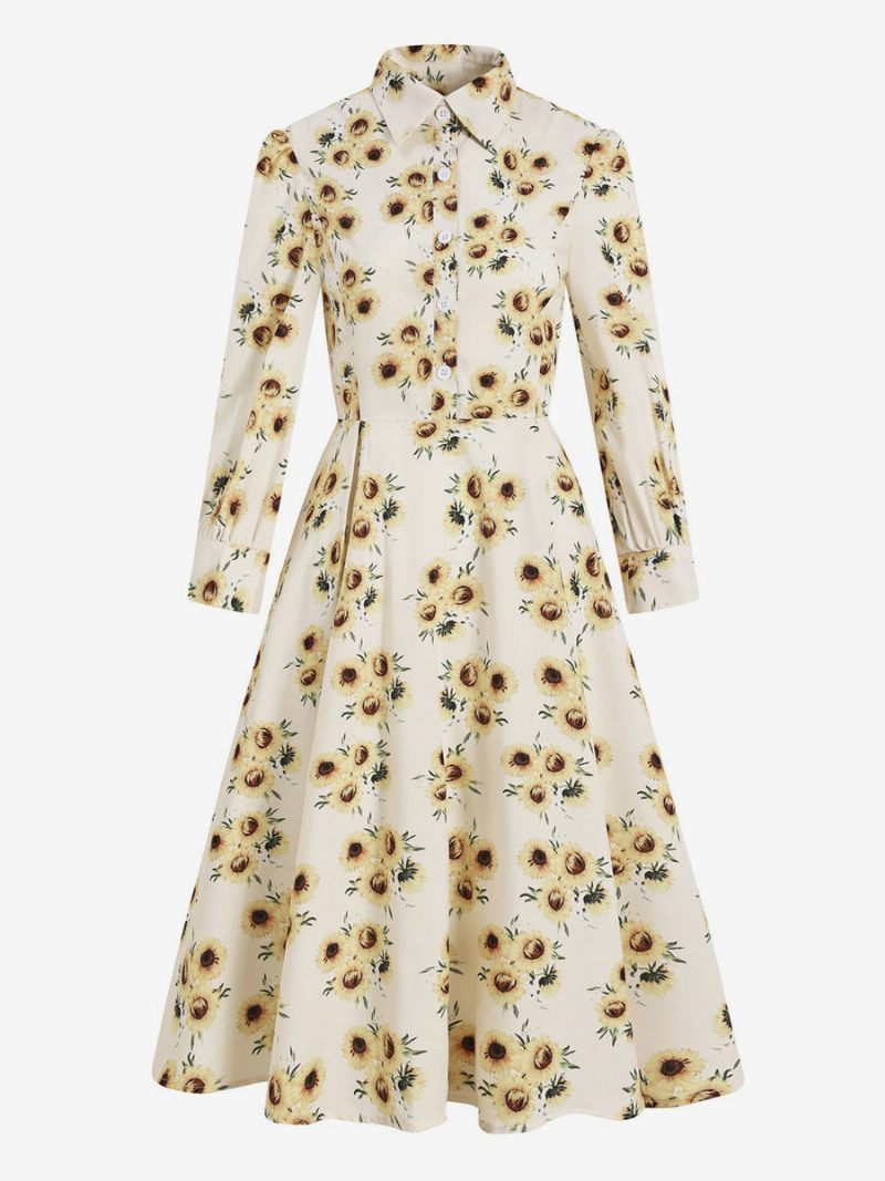 Robe Rétro Style Audrey Hepburn Des Années 1950 Pour Femmes Col Rabattu Manches Longues Longue Trapèze Imprimée Florale