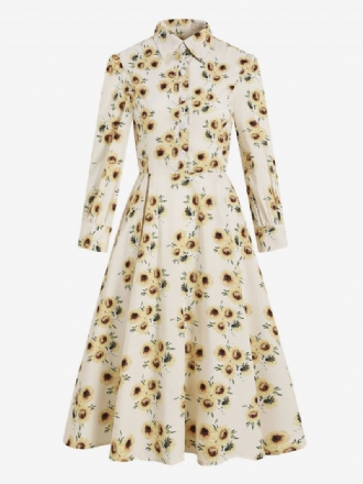 Robe Rétro Style Audrey Hepburn Des Années 1950 Pour Femmes Col Rabattu Manches Longues Longue Trapèze Imprimée Florale