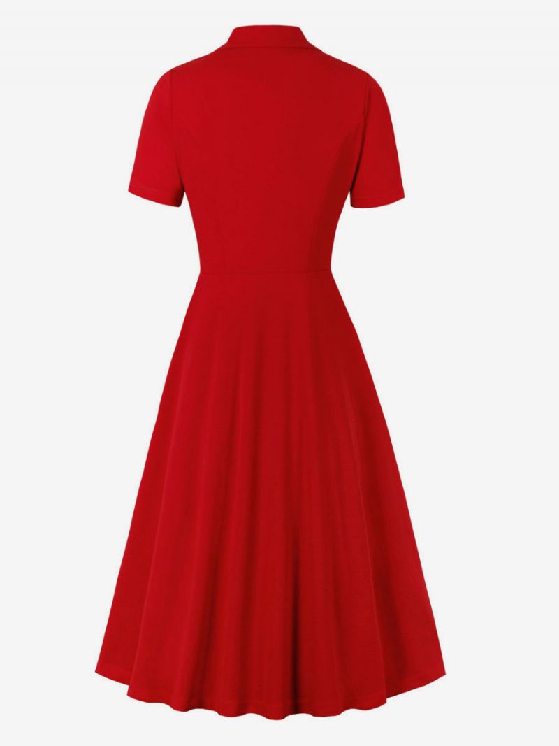 Robe Rétro Style Audrey Hepburn Des Années 1950 Pour Femmes Col V Boutons Superposés Manches Courtes Longue Rockabilly - Rouge