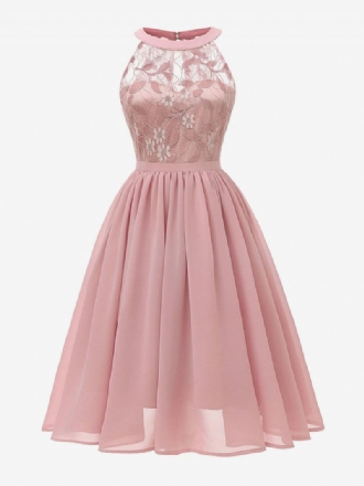 Robe Rétro Style Audrey Hepburn Des Années 1950 Pour Femmes Rose Sans Manches Col Bijou Trapèze Dentelle