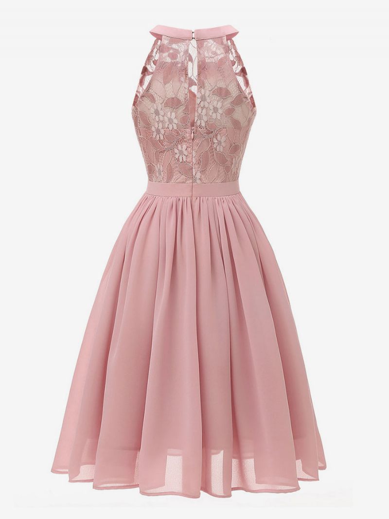 Robe Rétro Style Audrey Hepburn Des Années 1950 Pour Femmes Rose Sans Manches Col Bijou Trapèze Dentelle - Rose