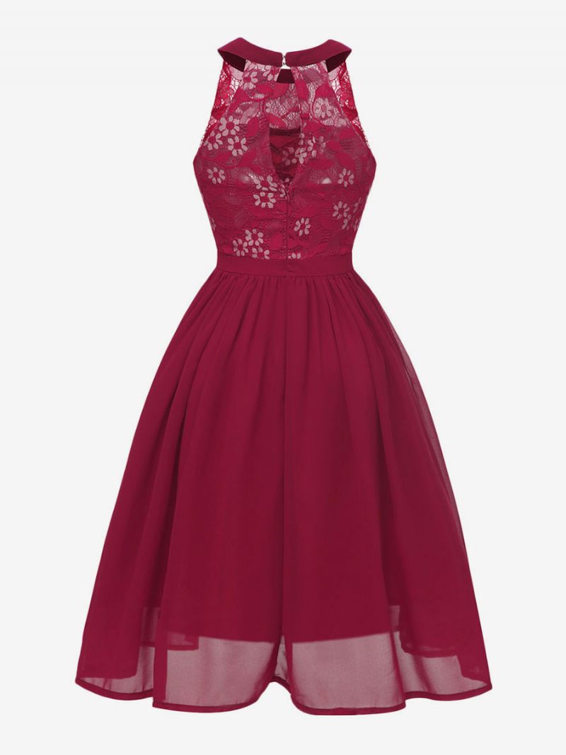 Robe Rétro Style Audrey Hepburn Des Années 1950 Pour Femmes Rose Sans Manches Col Bijou Trapèze Dentelle - Bourgogne