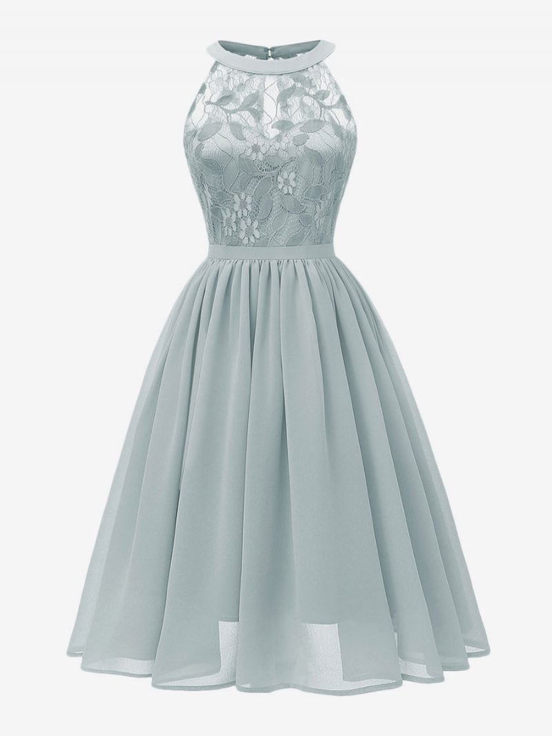 Robe Rétro Style Audrey Hepburn Des Années 1950 Pour Femmes Rose Sans Manches Col Bijou Trapèze Dentelle - Bleu Gris