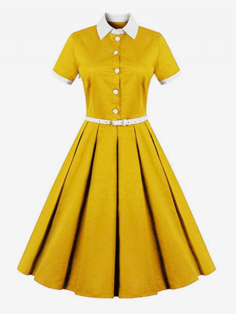 Robe Trapèze Rétro Jaune Vintage À Manches Courtes Et Ceinture Pour Femme Des Années 1950 Style Audrey Hepburn