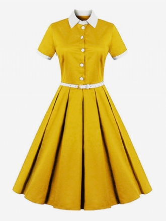 Robe Trapèze Rétro Jaune Vintage À Manches Courtes Et Ceinture Pour Femme Des Années 1950 Style Audrey Hepburn