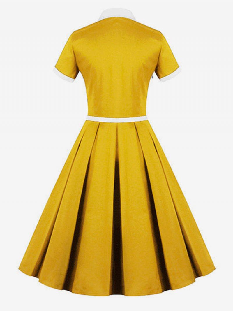 Robe Trapèze Rétro Jaune Vintage À Manches Courtes Et Ceinture Pour Femme Des Années 1950 Style Audrey Hepburn - Jaune