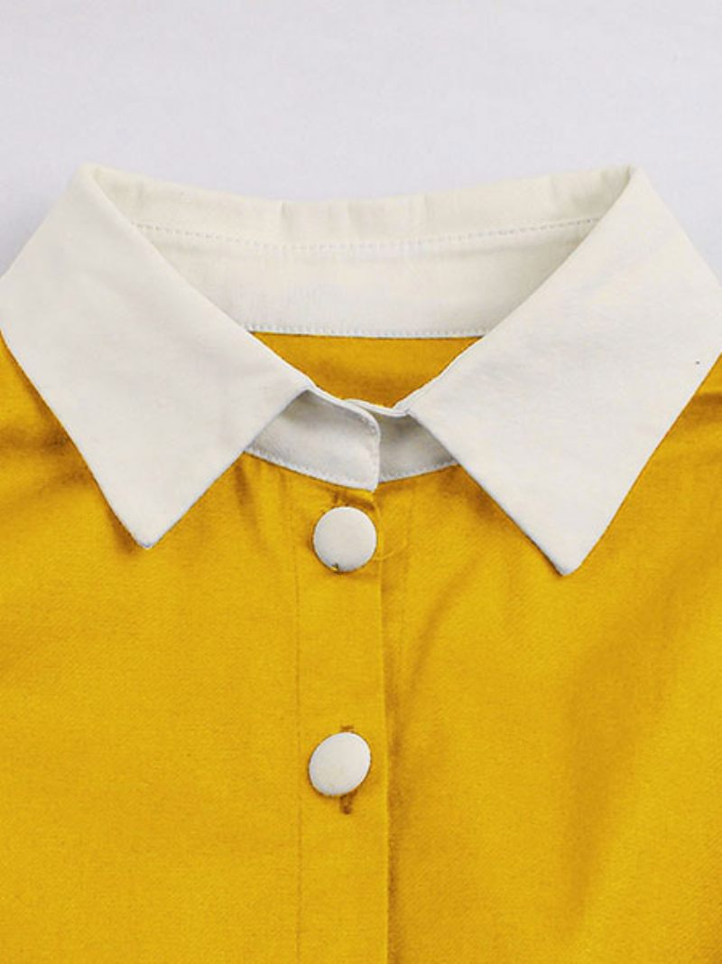 Robe Trapèze Rétro Jaune Vintage À Manches Courtes Et Ceinture Pour Femme Des Années 1950 Style Audrey Hepburn - Jaune