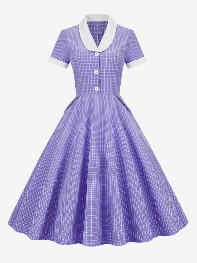 Robe Vichy Rose Barbie Femme Années 1950 Audrey Hepburn Style Manches Courtes Vintage - Violet