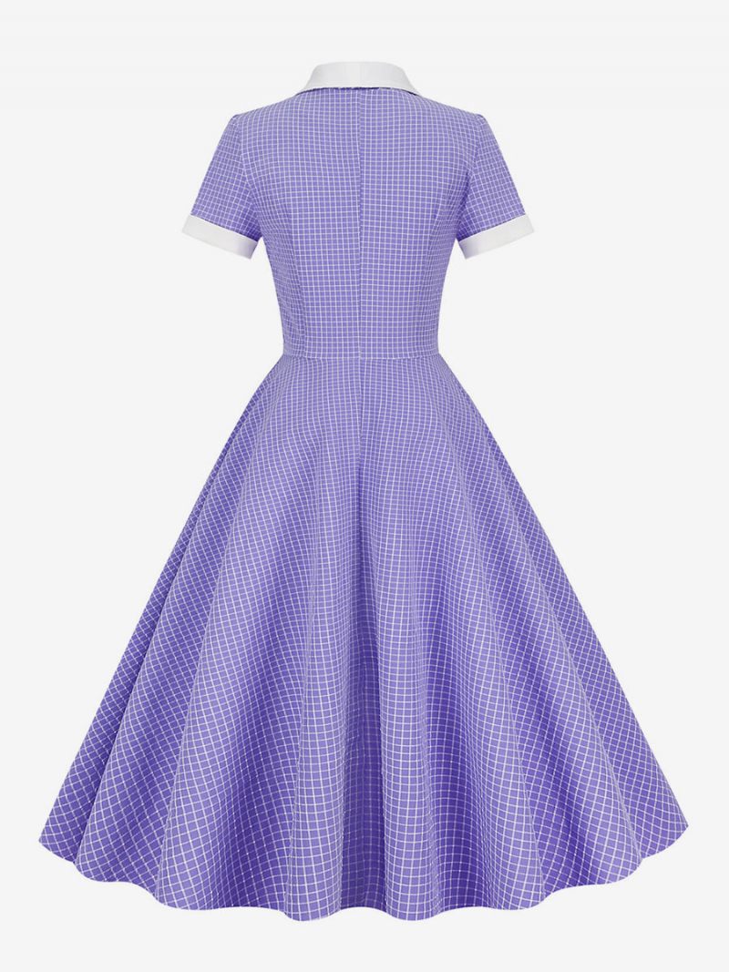 Robe Vichy Rose Barbie Femme Années 1950 Audrey Hepburn Style Manches Courtes Vintage - Violet