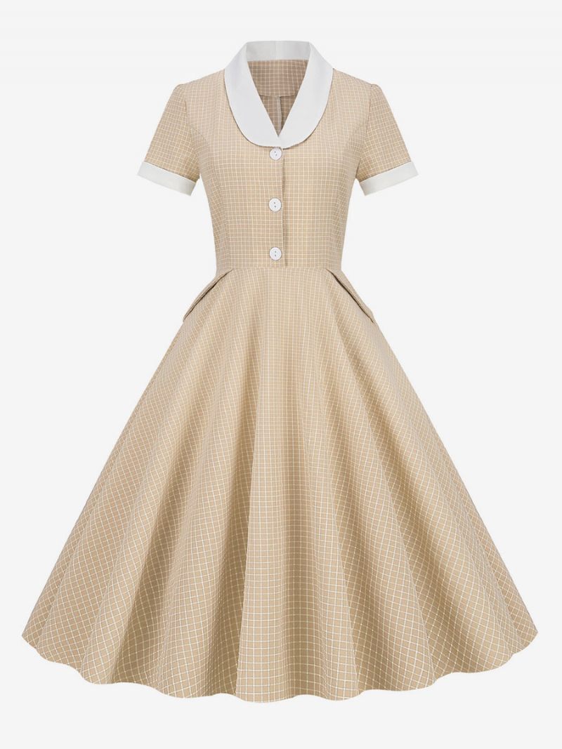 Robe Vichy Rose Barbie Femme Années 1950 Audrey Hepburn Style Manches Courtes Vintage - Jaune Clair Clair