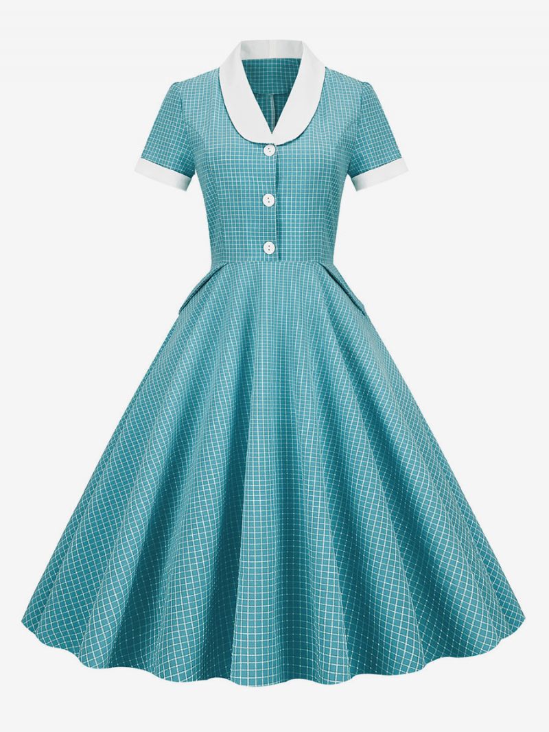 Robe Vichy Rose Barbie Femme Années 1950 Audrey Hepburn Style Manches Courtes Vintage - Cyan