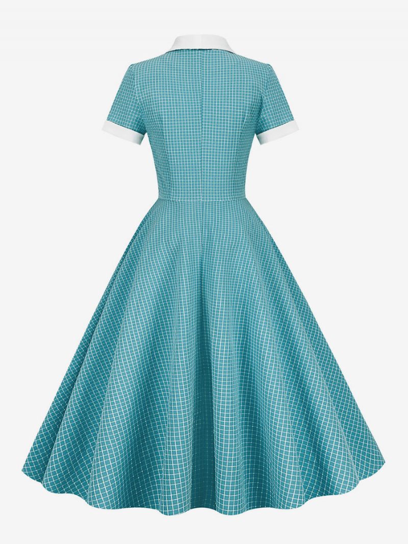 Robe Vichy Rose Barbie Femme Années 1950 Audrey Hepburn Style Manches Courtes Vintage - Cyan