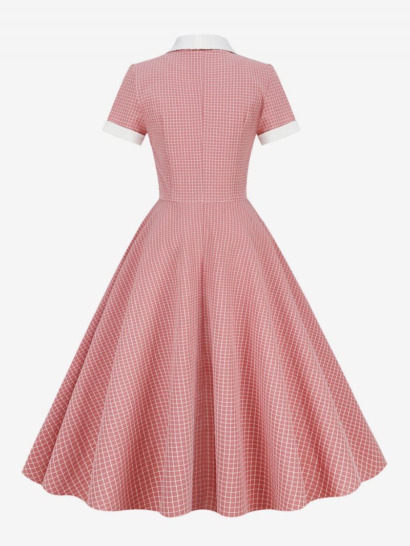 Robe Vichy Rose Barbie Femme Années 1950 Audrey Hepburn Style Manches Courtes Vintage - Rose