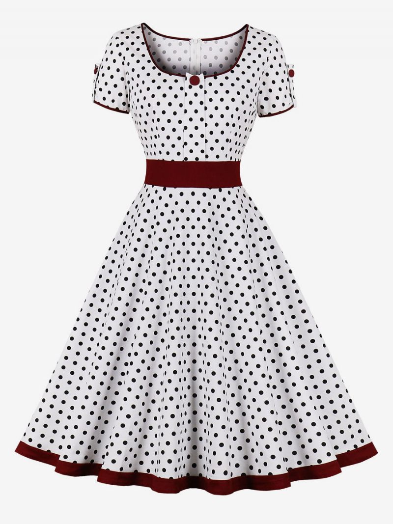 Robe Vintage Années 1950 Audrey Hepburn Style Dark Navy Polka Dot Femmes Manches Courtes Rockabilly