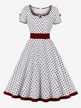 Robe Vintage Années 1950 Audrey Hepburn Style Dark Navy Polka Dot Femmes Manches Courtes Rockabilly