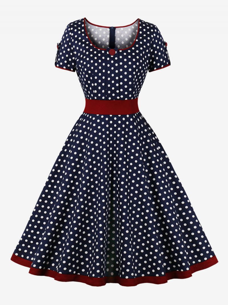 Robe Vintage Années 1950 Audrey Hepburn Style Dark Navy Polka Dot Femmes Manches Courtes Rockabilly - Marine Foncé