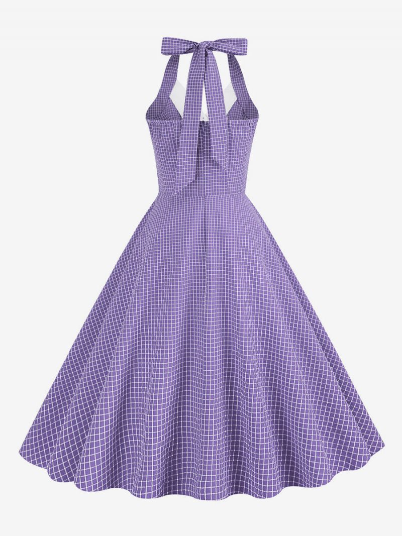 Robe Vintage Années 1950 Audrey Hepburn Style Halter Boutons Sans Manches Femme Moyen Plaid Rockabilly - Violet