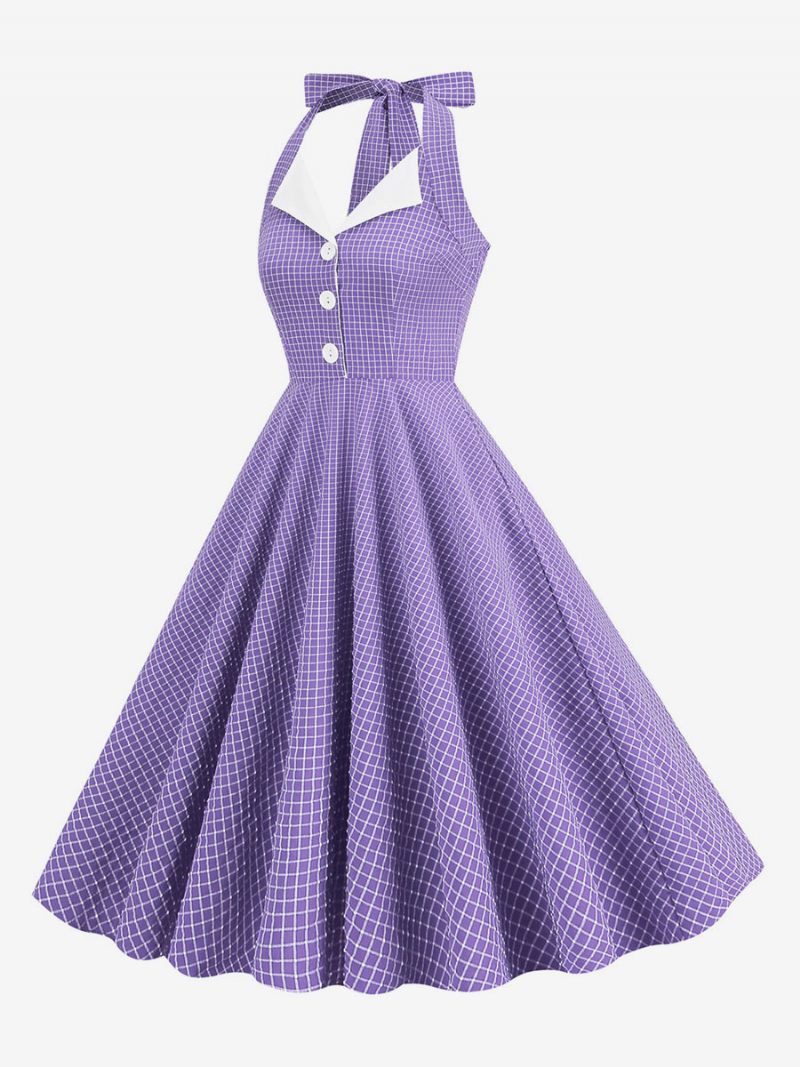 Robe Vintage Années 1950 Audrey Hepburn Style Halter Boutons Sans Manches Femme Moyen Plaid Rockabilly - Violet