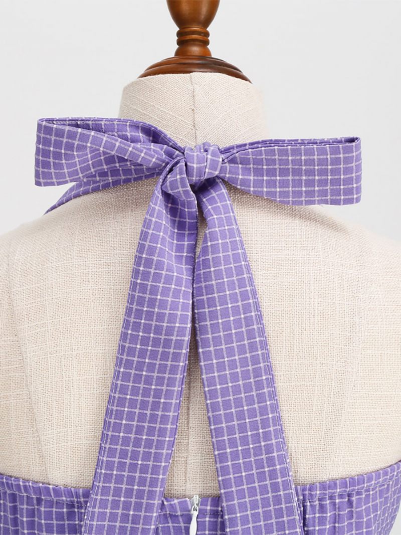 Robe Vintage Années 1950 Audrey Hepburn Style Halter Boutons Sans Manches Femme Moyen Plaid Rockabilly - Violet