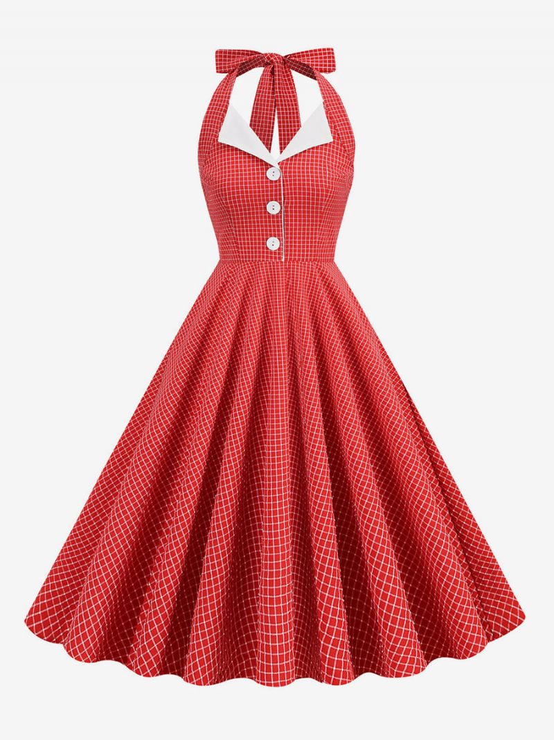 Robe Vintage Années 1950 Audrey Hepburn Style Halter Boutons Sans Manches Femme Moyen Plaid Rockabilly - Rouge