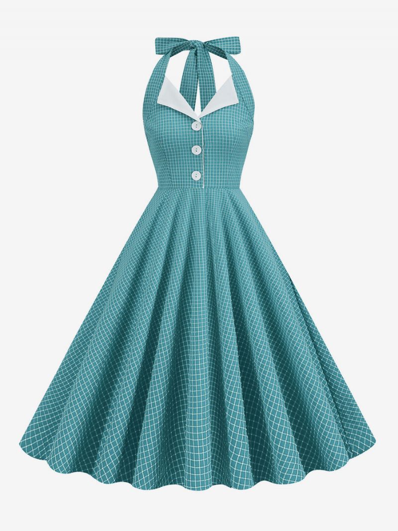 Robe Vintage Années 1950 Audrey Hepburn Style Halter Boutons Sans Manches Femme Moyen Plaid Rockabilly - Bleu Cyan