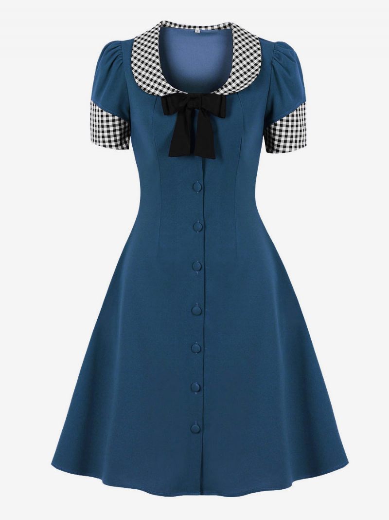 Robe Vintage Années 1950 Style Audrey Hepburn À Lacets Manches Courtes Femme Longueur Genou Couleur Bloc Rockabilly - Bleu Profond