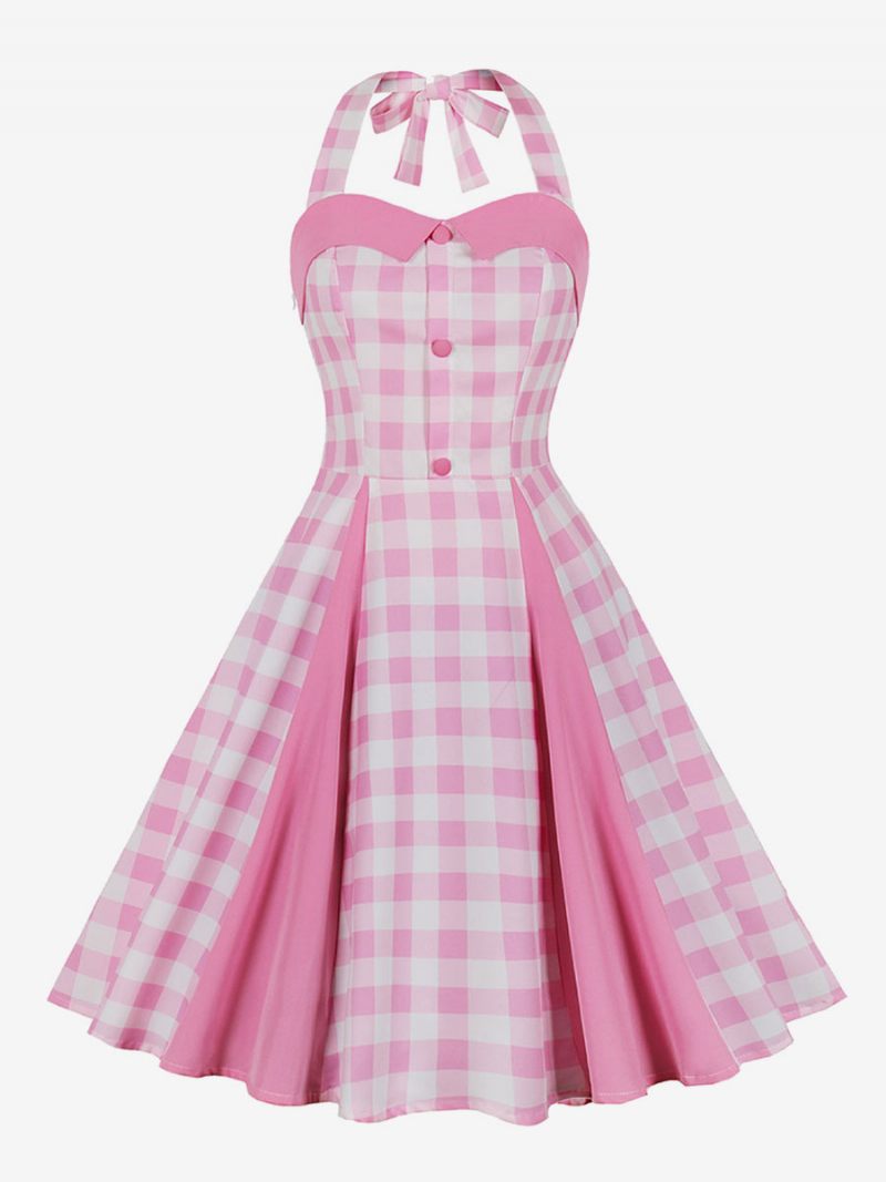 Robe Vintage Barbie Pink Gingham Pour Femme Des Années 1950 Midi Halter Dress