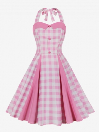 Robe Vintage Barbie Pink Gingham Pour Femme Des Années 1950 Midi Halter Dress