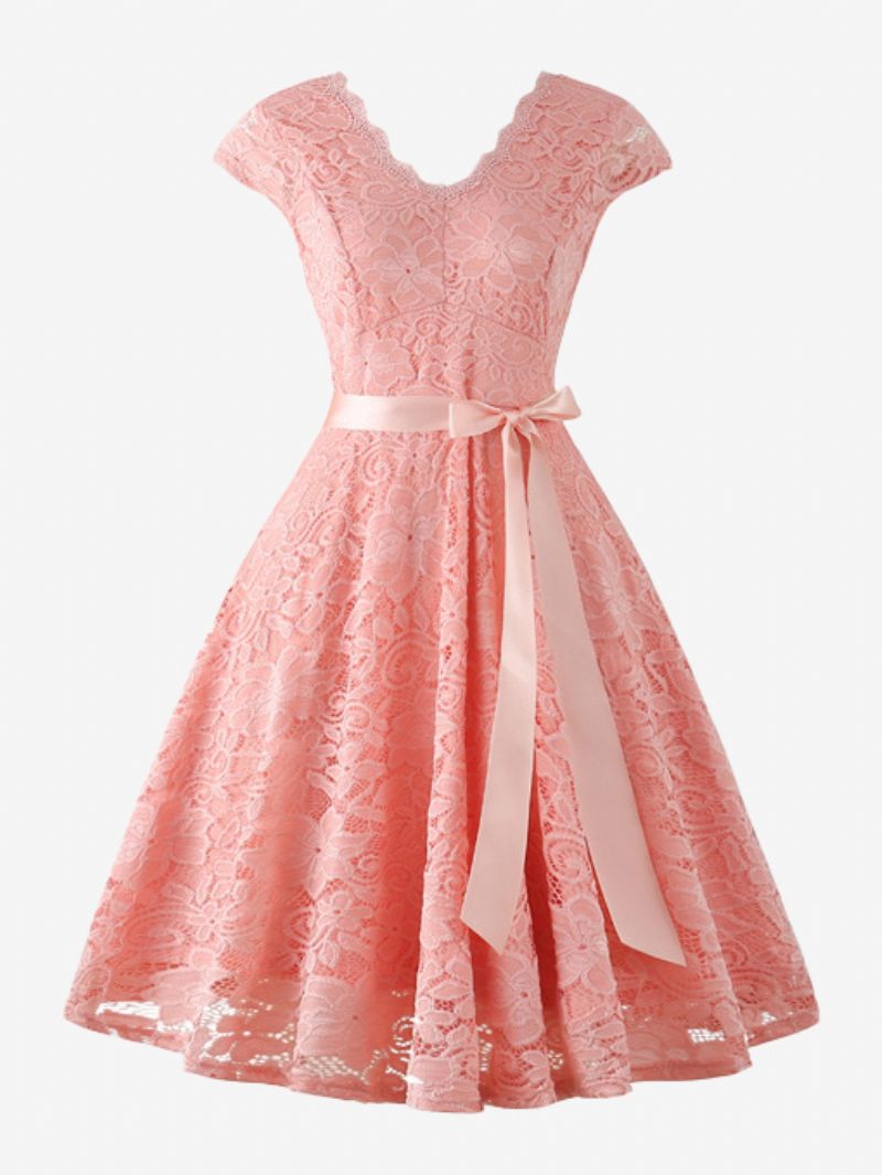 Robe Vintage Dentelle Pour Femme Des Années 1950. Col V Manches Cape Ceinture Avec Nœud Trapèze Rétro - Rose