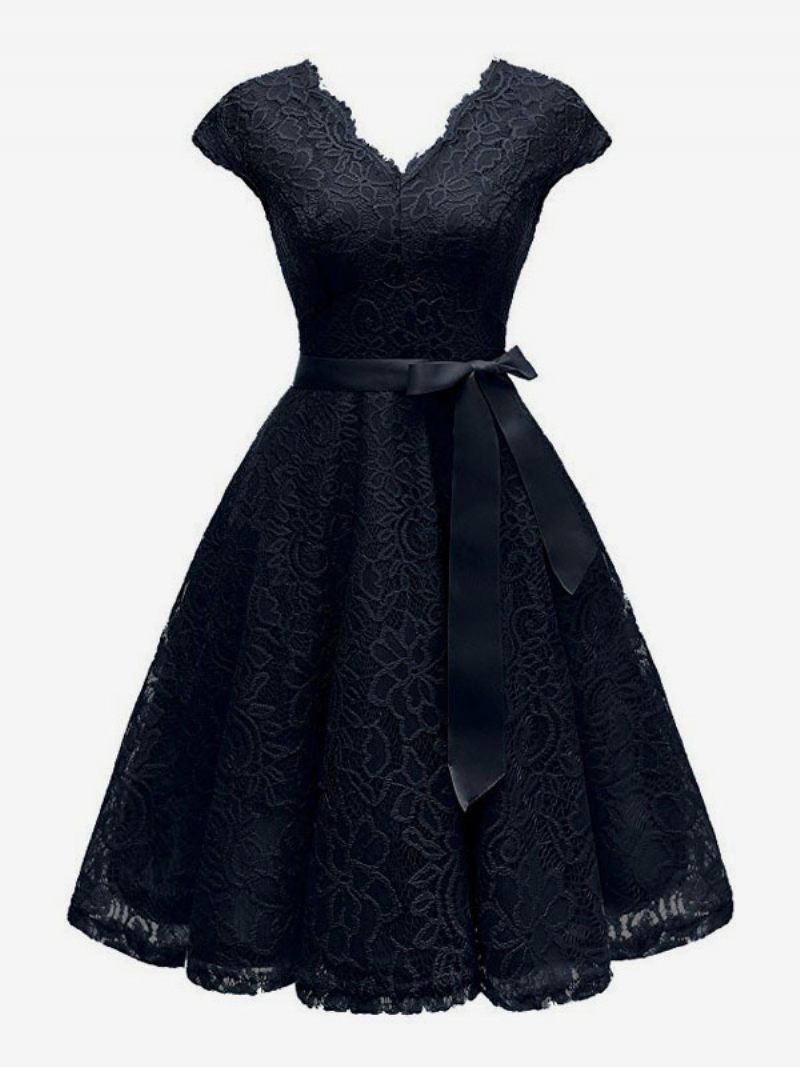 Robe Vintage Dentelle Pour Femme Des Années 1950. Col V Manches Cape Ceinture Avec Nœud Trapèze Rétro - Noir