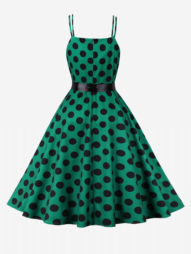 Robe Vintage Des Années 1950 Audrey Hepburn Style Rose À Pois Rockabilly Sans Manches Pour Femmes - Vert