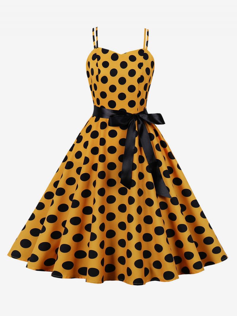 Robe Vintage Des Années 1950 Audrey Hepburn Style Rose À Pois Rockabilly Sans Manches Pour Femmes - Jaune