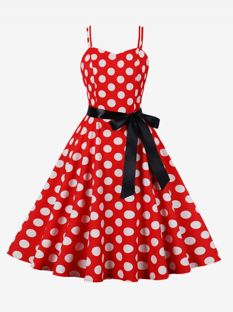 Robe Vintage Des Années 1950 Audrey Hepburn Style Rose À Pois Rockabilly Sans Manches Pour Femmes - Rouge