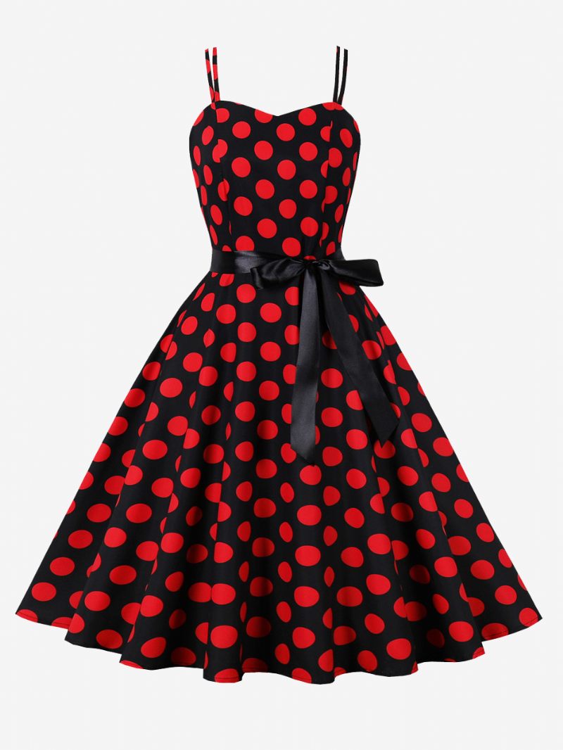 Robe Vintage Des Années 1950 Audrey Hepburn Style Rose À Pois Rockabilly Sans Manches Pour Femmes - Rouge Foncé