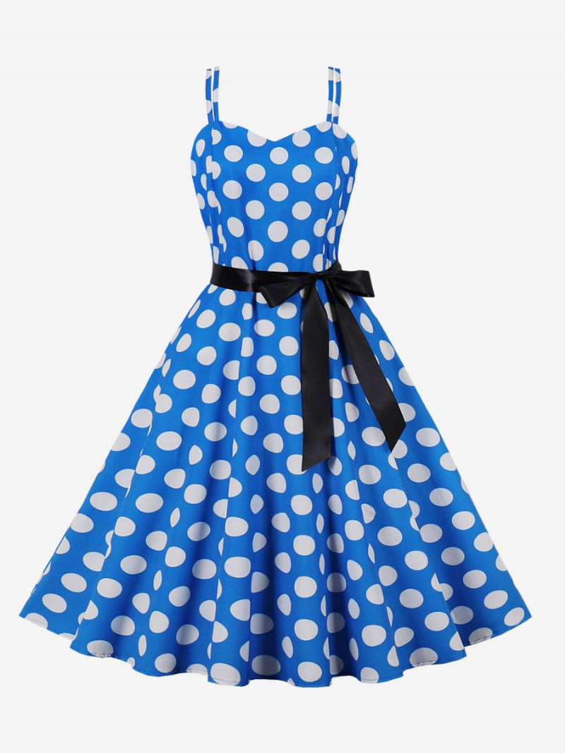 Robe Vintage Des Années 1950 Audrey Hepburn Style Rose À Pois Rockabilly Sans Manches Pour Femmes - Bleu