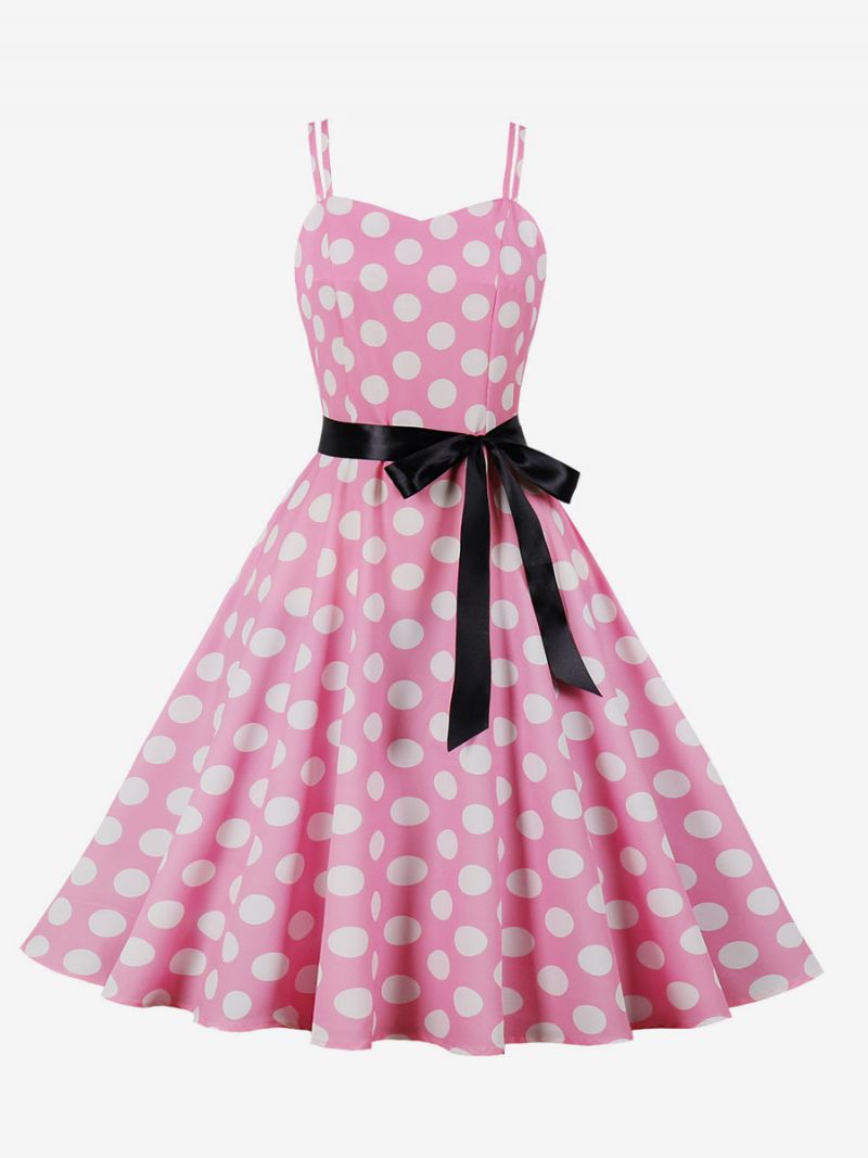 Robe Vintage Des Années 1950 Audrey Hepburn Style Rose À Pois Rockabilly Sans Manches Pour Femmes - Rose