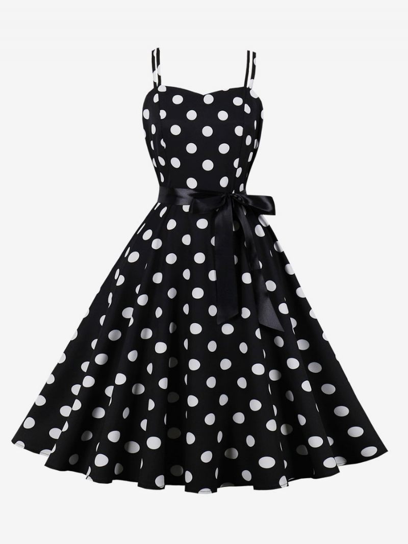 Robe Vintage Des Années 1950 Audrey Hepburn Style Rose À Pois Rockabilly Sans Manches Pour Femmes - Noir